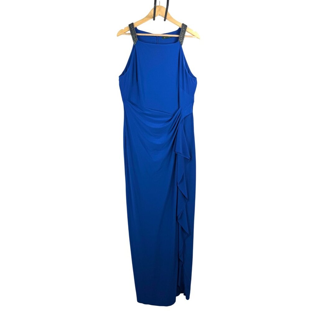 Lauren ralph‎ lauren beaded strap jersey maxi ruffle gown blue 90s sz 16